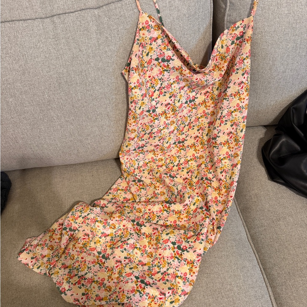 Vici Pink Floral Midi Slip Dress with Multicolor Bouquet Print